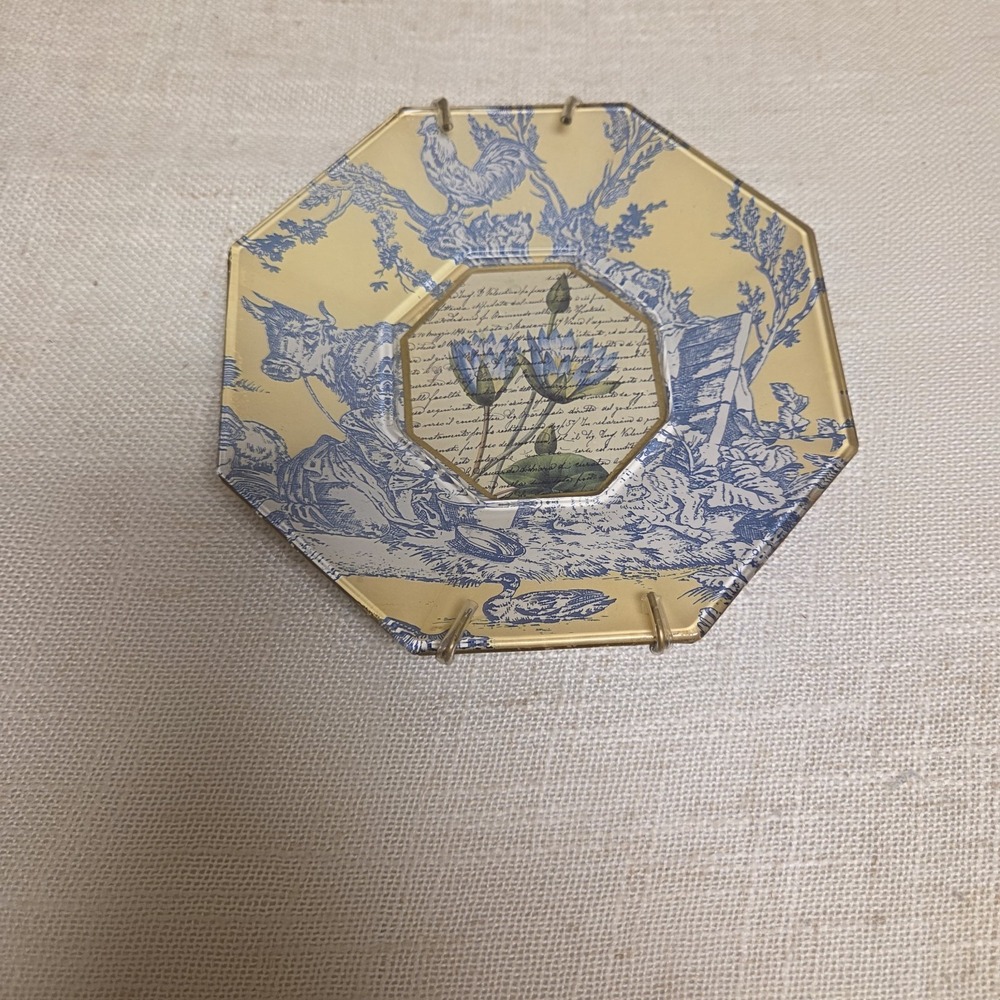 "Marye Kelley" Floral Decoupage Glass Trinket Plate Octagon BEAUTIFUL!